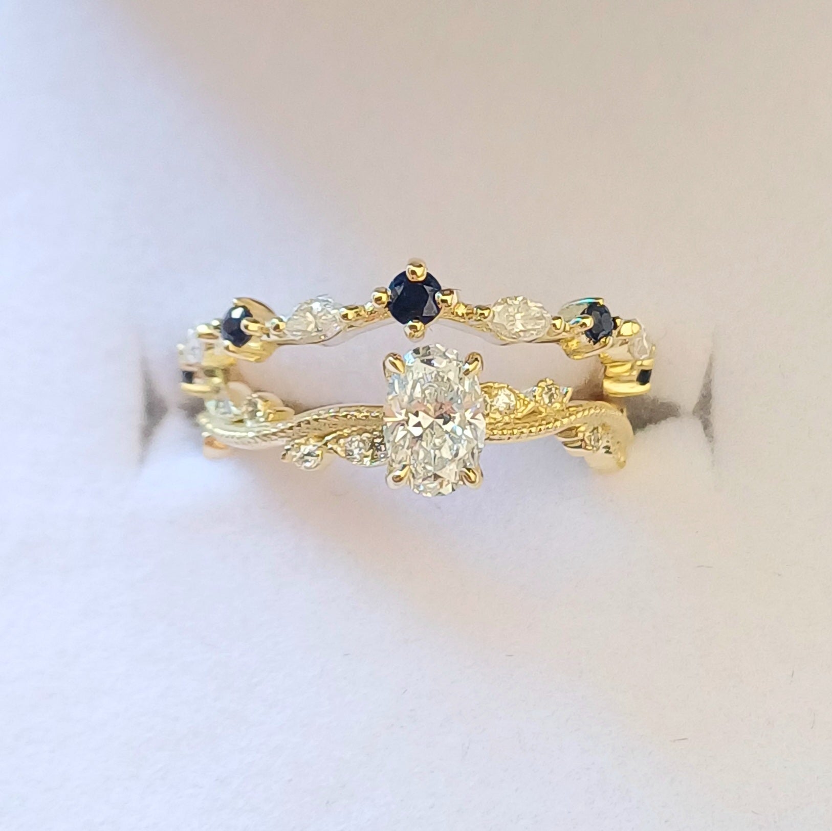 Custom 18ct Gold Wedding and Engagement Ring Set – Diamonds, Sapphires, and Scripture-Inspired Design