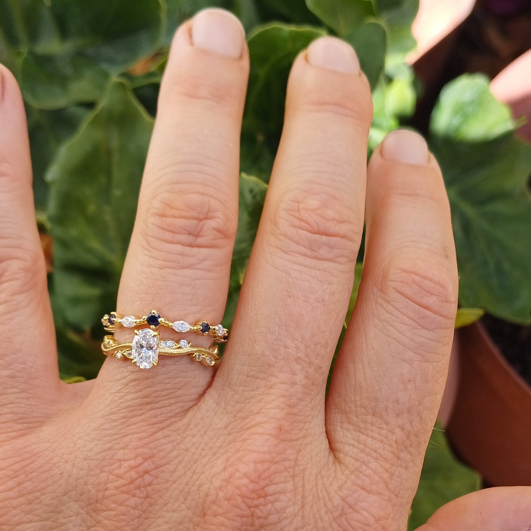 Custom 18ct Gold Wedding and Engagement Ring Set – Diamonds, Sapphires, and Scripture-Inspired Design