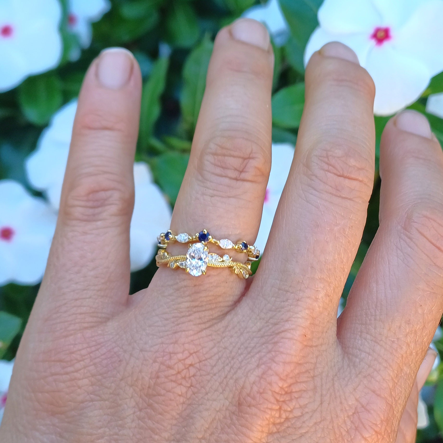 Custom 18ct Gold Wedding and Engagement Ring Set – Diamonds, Sapphires, and Scripture-Inspired Design
