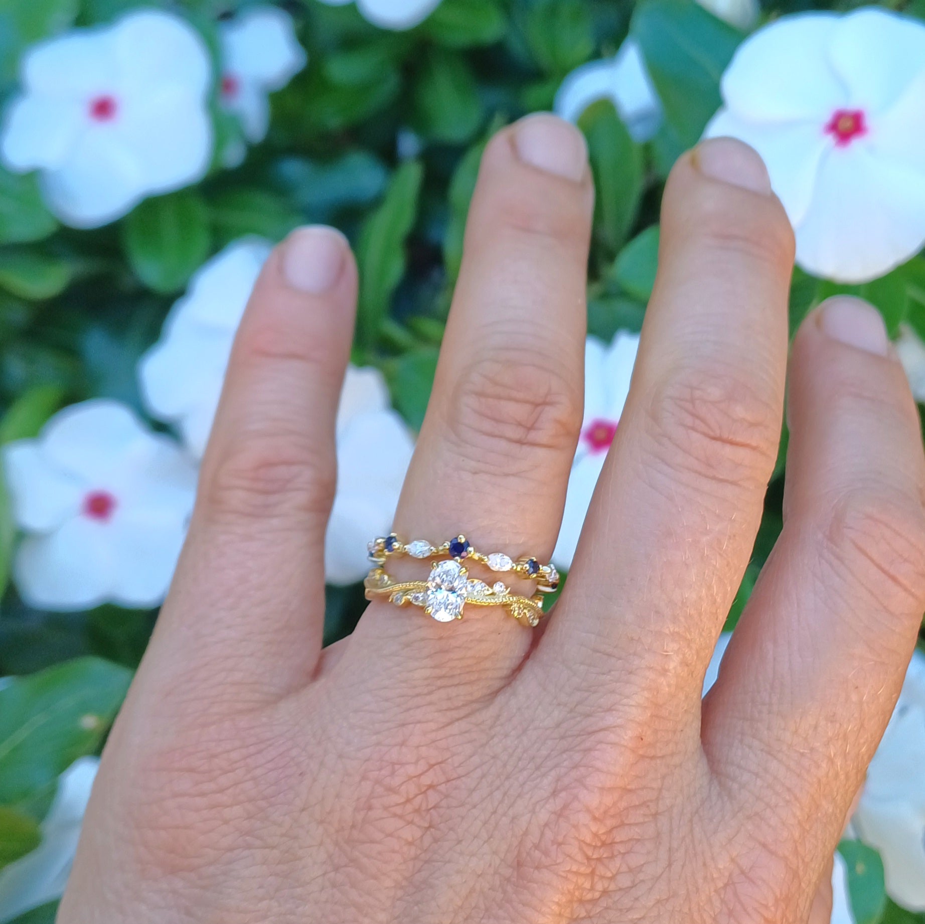 Custom 18ct Gold Wedding and Engagement Ring Set – Diamonds, Sapphires, and Scripture-Inspired Design