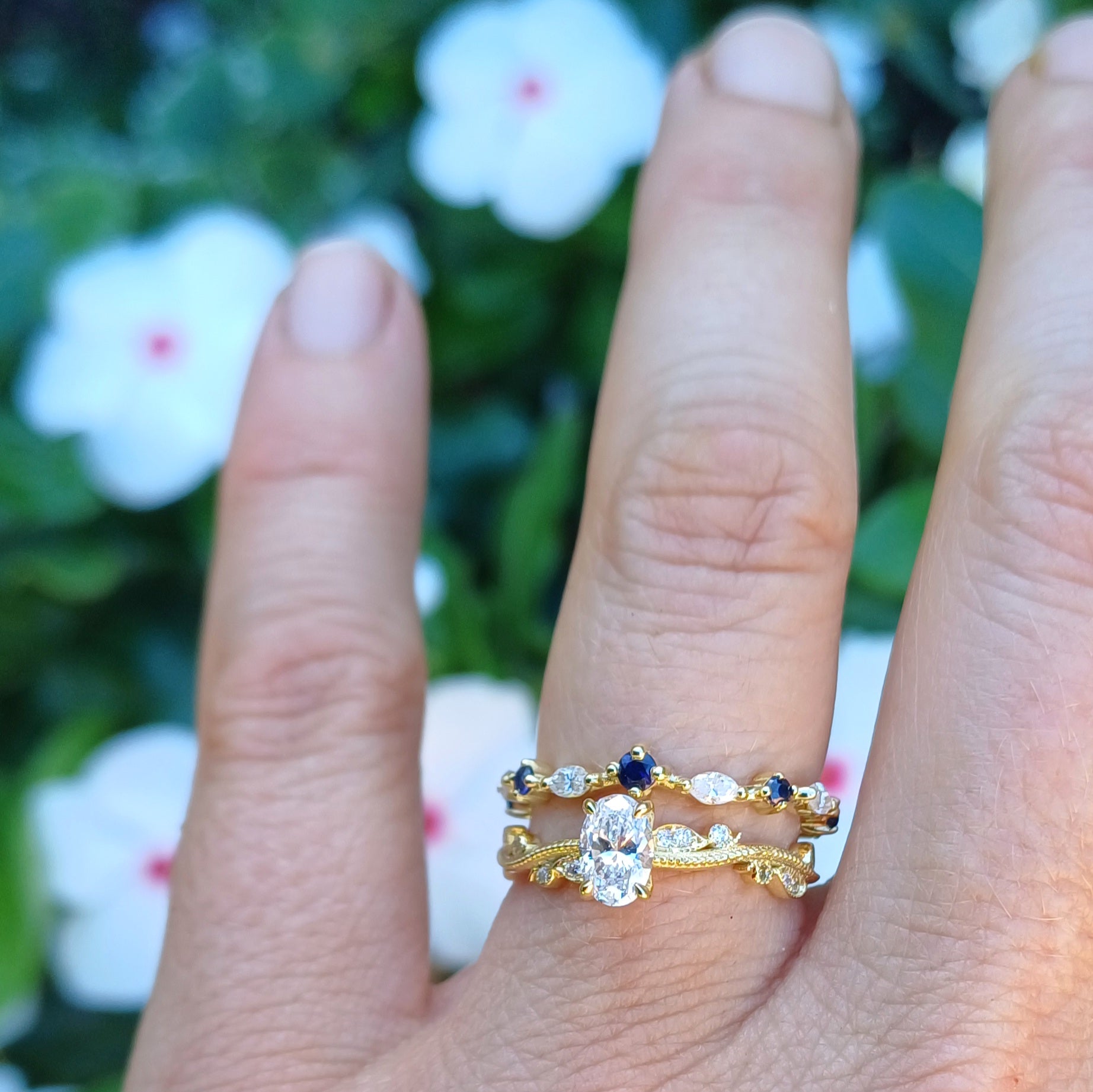 Custom 18ct Gold Wedding and Engagement Ring Set – Diamonds, Sapphires, and Scripture-Inspired Design