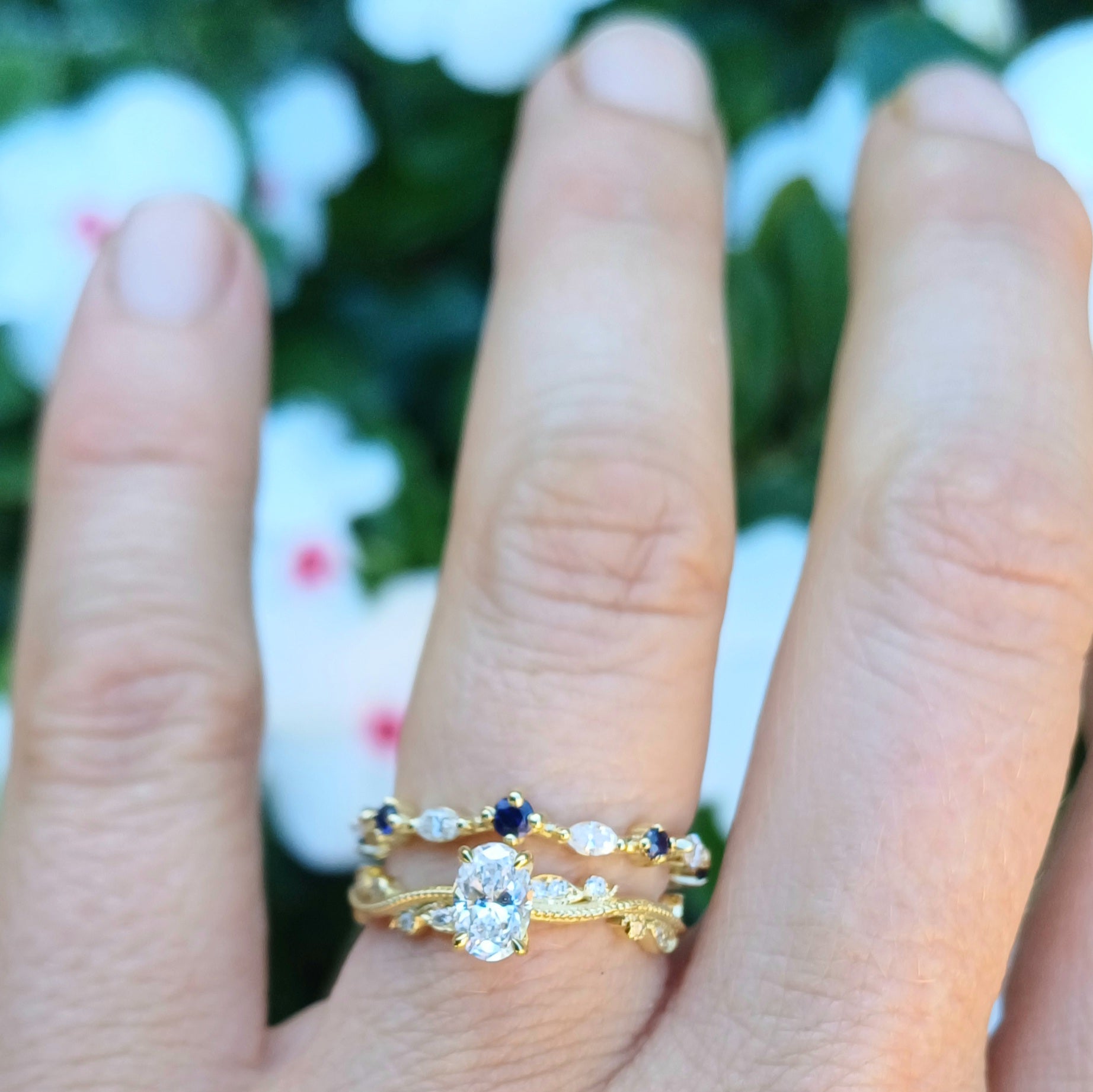 Custom 18ct Gold Wedding and Engagement Ring Set – Diamonds, Sapphires, and Scripture-Inspired Design