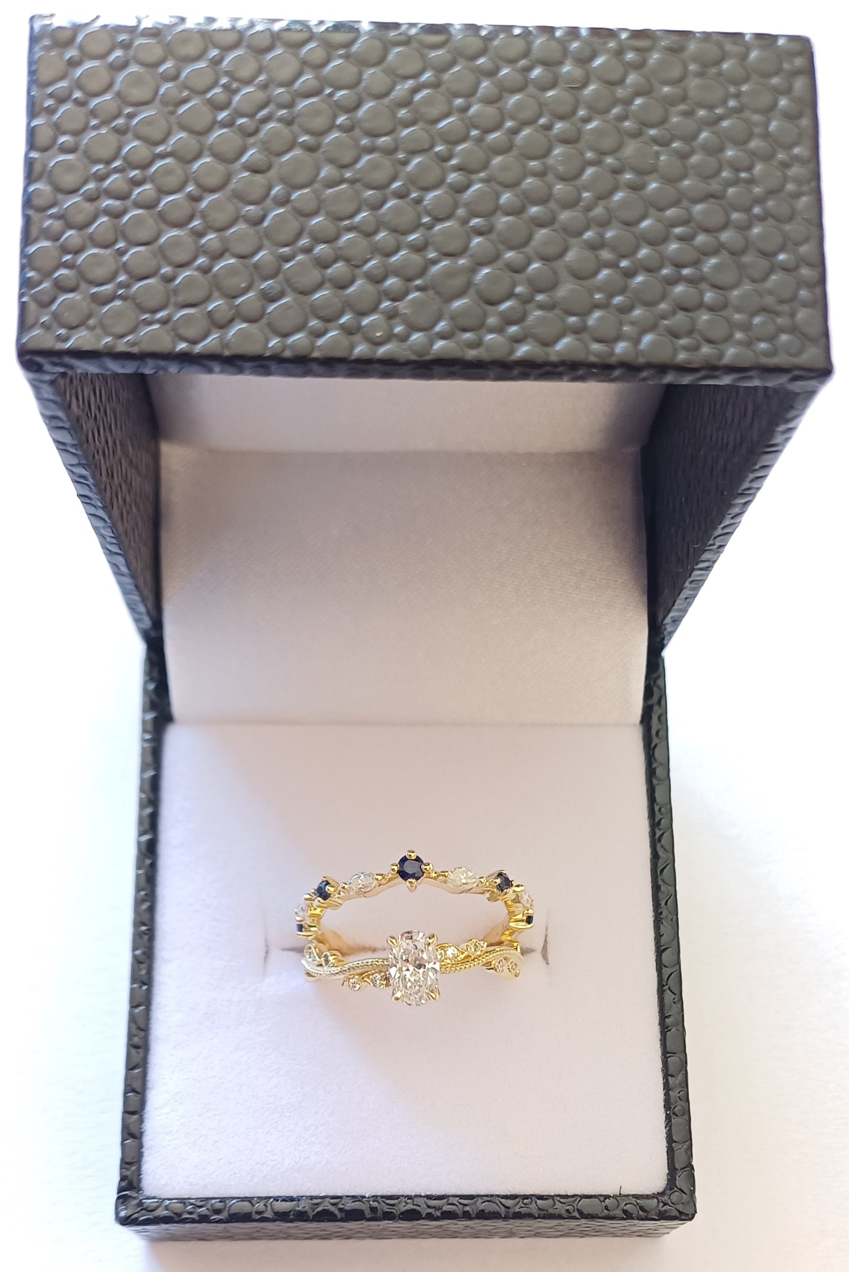 Custom 18ct Gold Wedding and Engagement Ring Set – Diamonds, Sapphires, and Scripture-Inspired Design