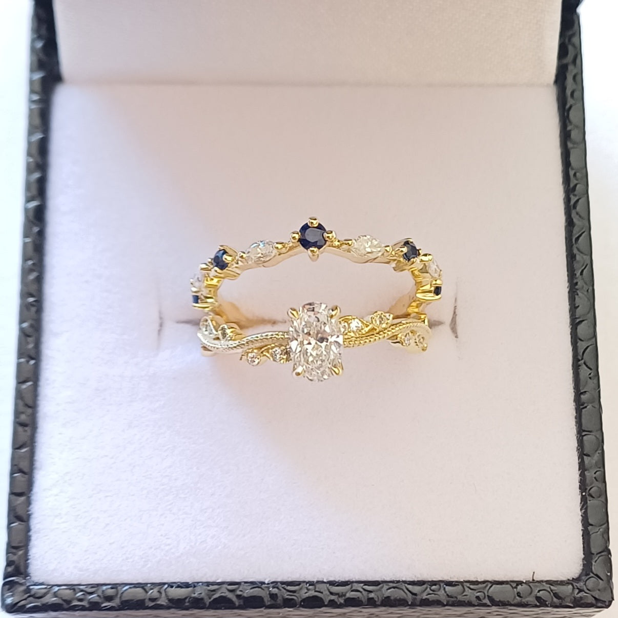 Custom 18ct Gold Wedding and Engagement Ring Set – Diamonds, Sapphires, and Scripture-Inspired Design