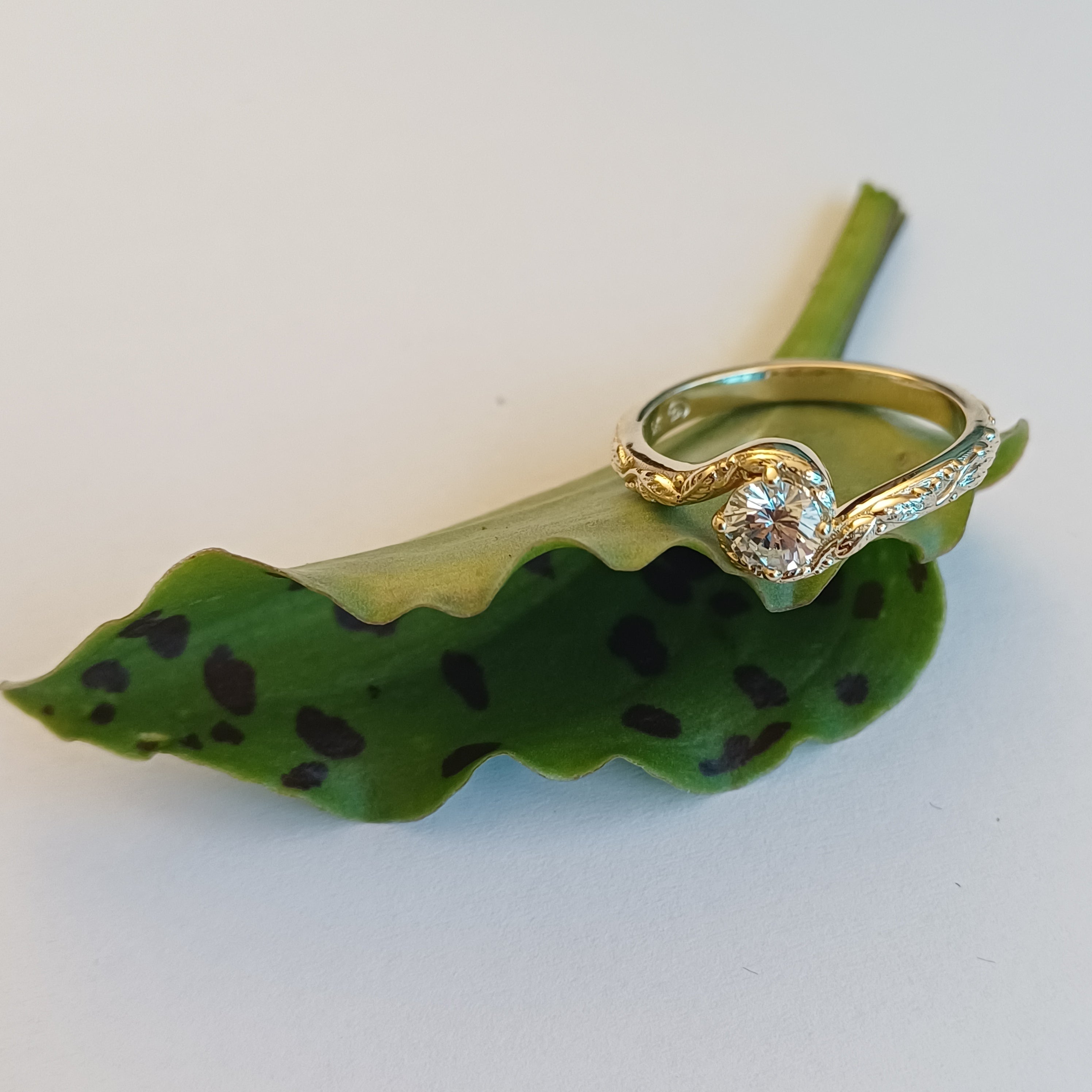 Solitaire Leaf Ring with Curved Band - Elloise Jewelry
