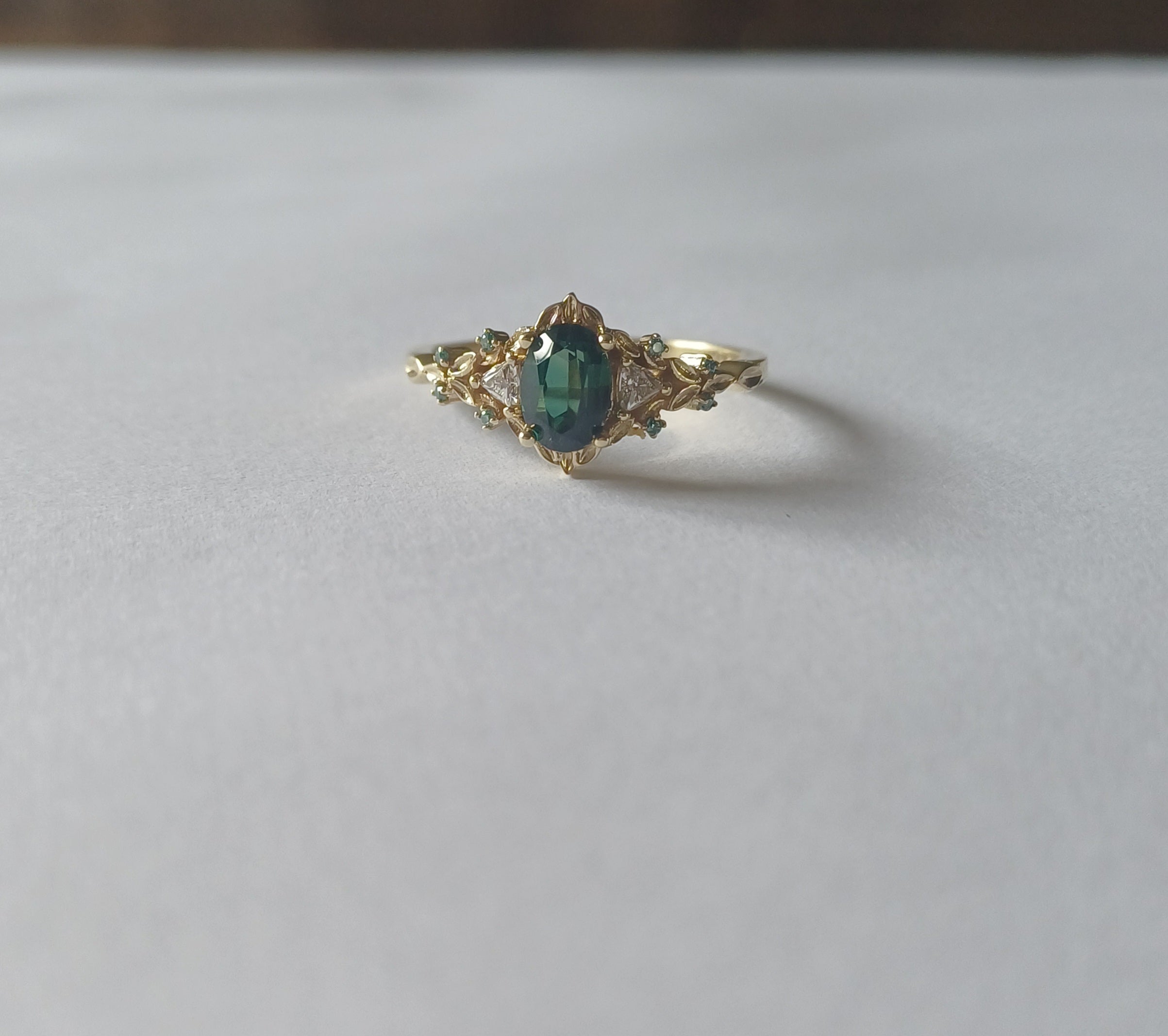 Oval Teal Sapphire Engagement Ring in 9ct Yellow Gold - Elloise Jewelry