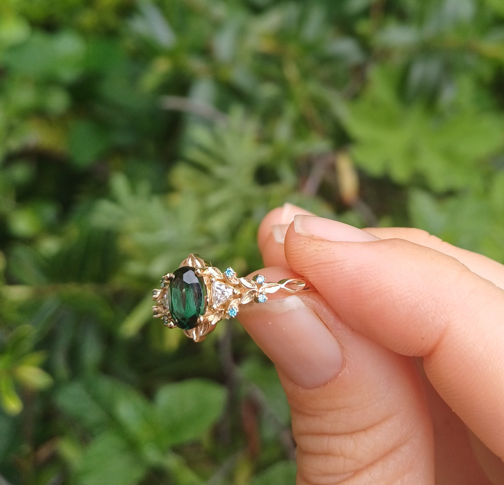 Oval Teal Sapphire Engagement Ring in 9ct Yellow Gold - Elloise Jewelry