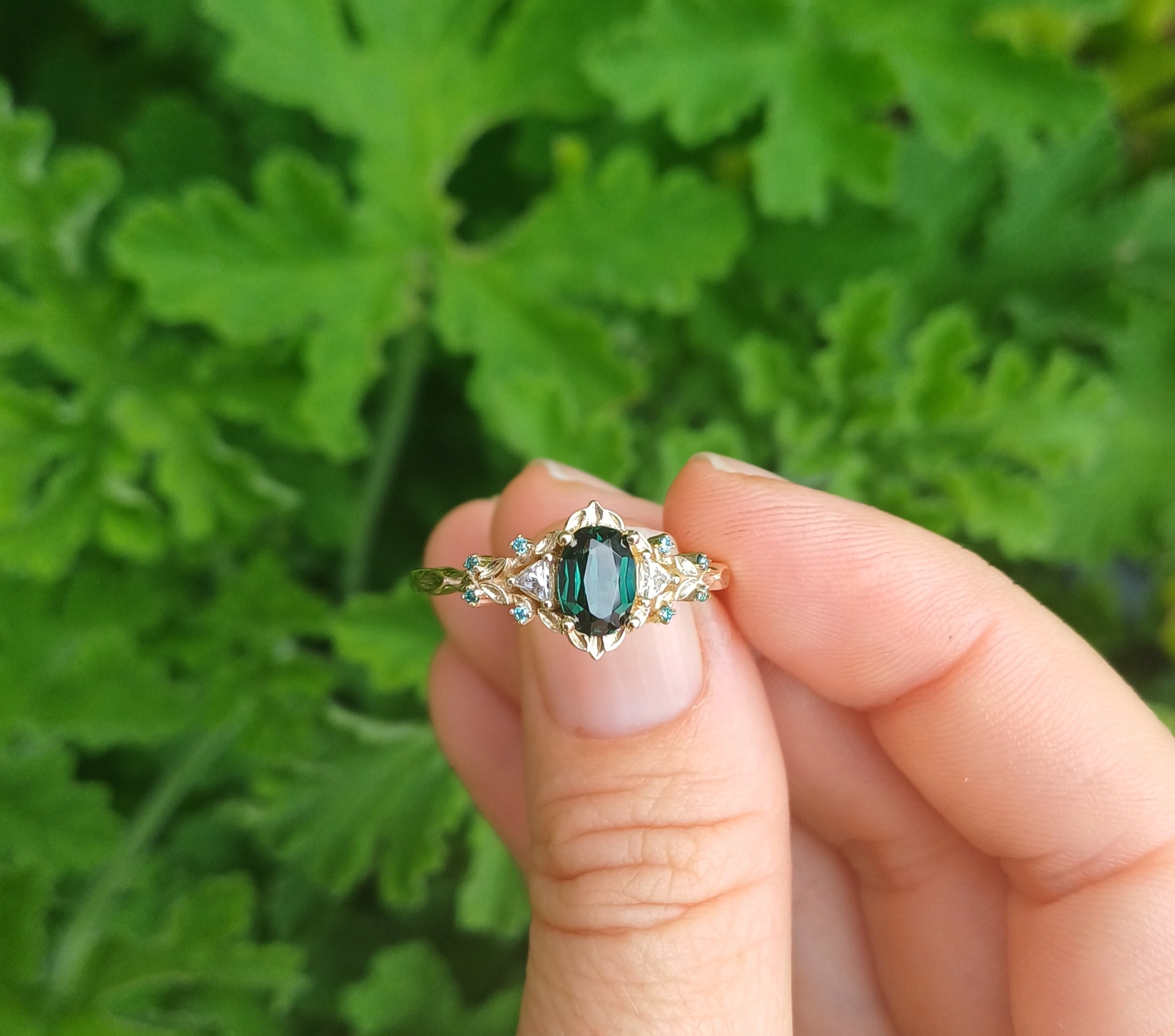 Oval Teal Sapphire Engagement Ring in 9ct Yellow Gold - Elloise Jewelry