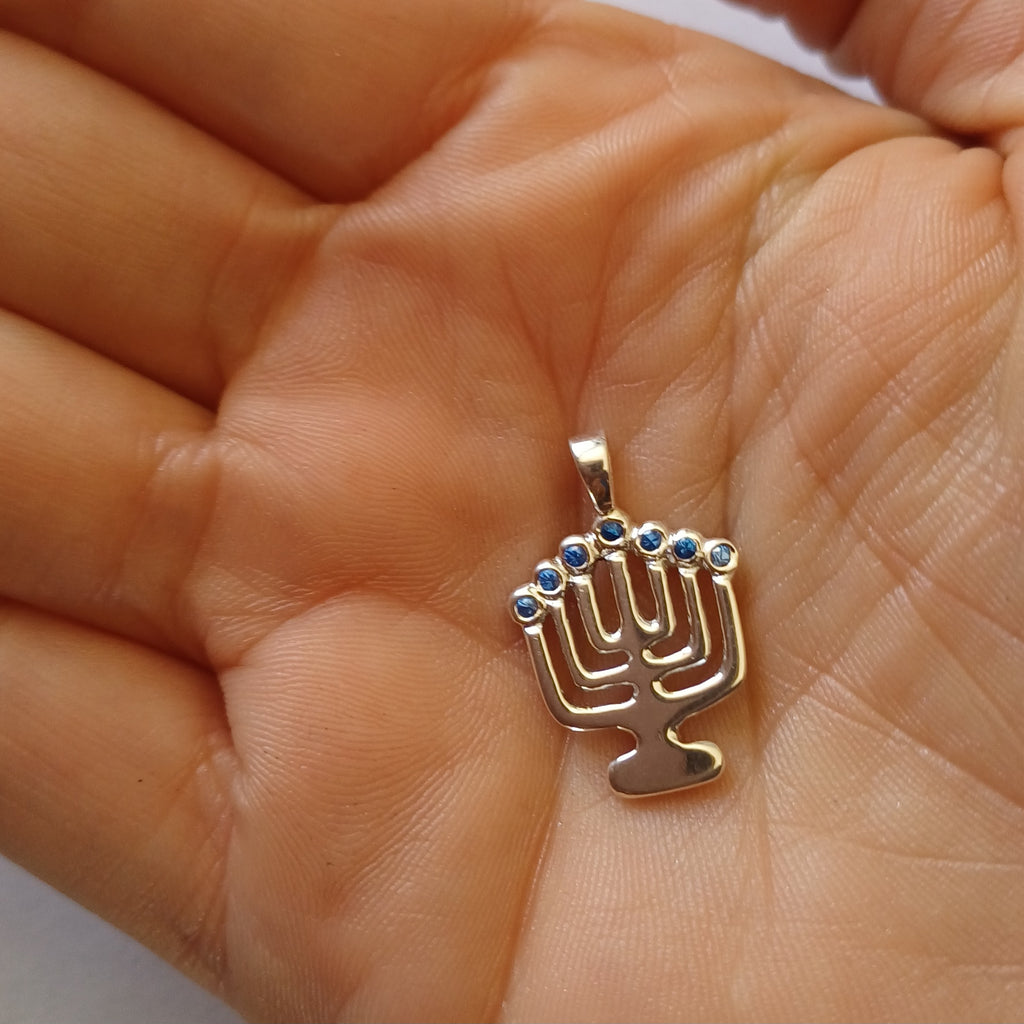 Rustic Menorah Pendant with Cubic Zirconia – Elegant Symbol of Light & Faith