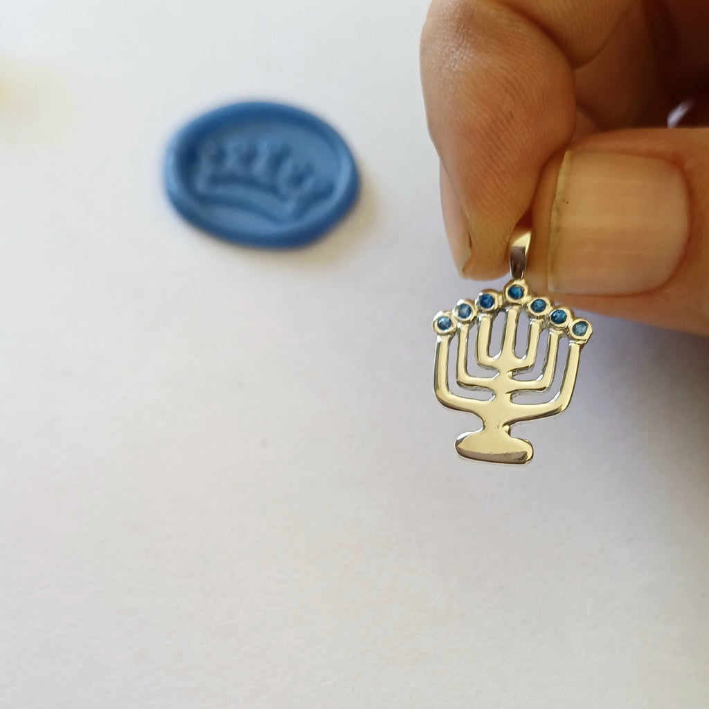 Rustic Menorah Pendant with Cubic Zirconia – Elegant Symbol of Light & Faith