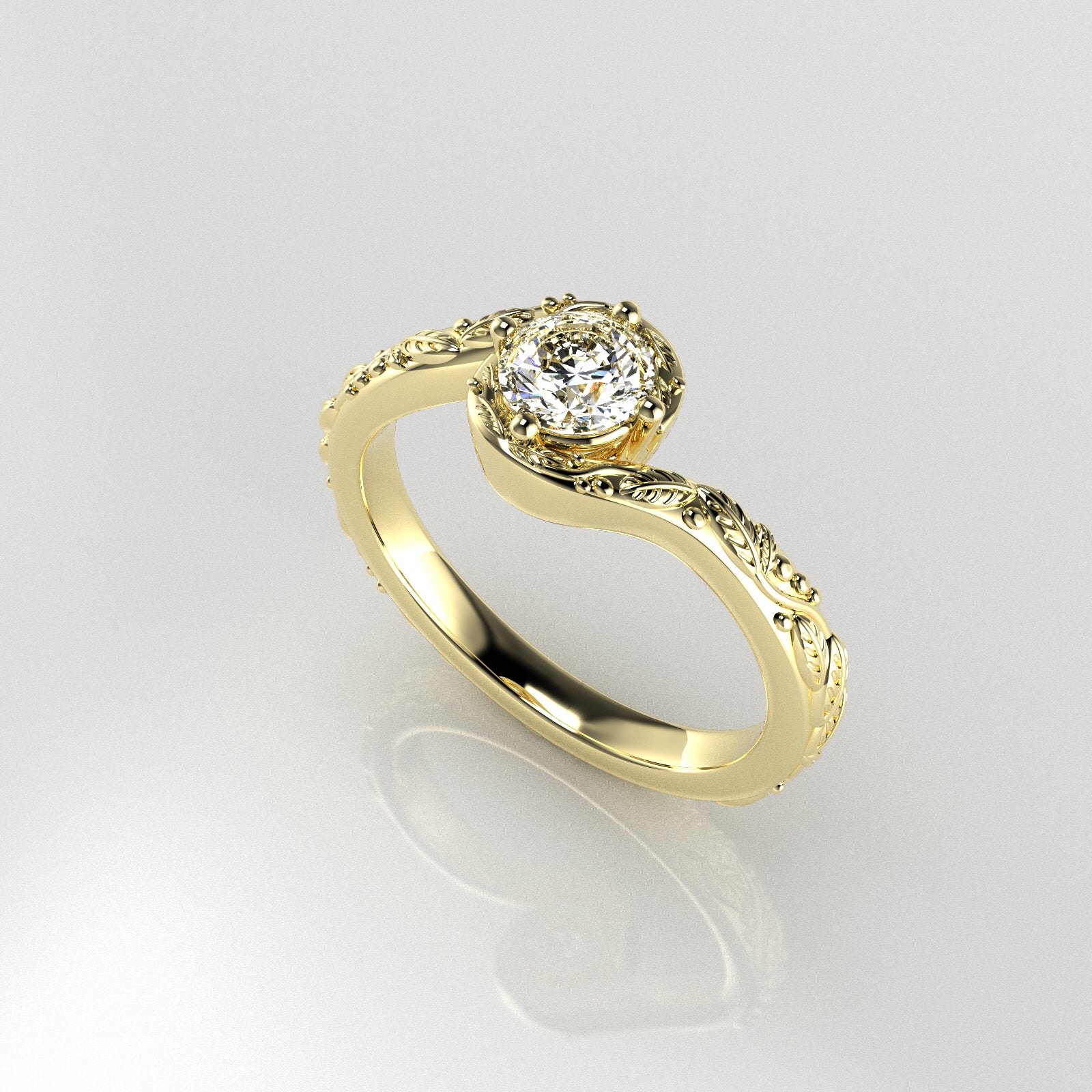 Solitaire Leaf Ring with Curved Band - Elloise Jewelry