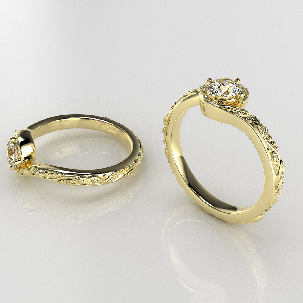 Solitaire Leaf Ring with Curved Band