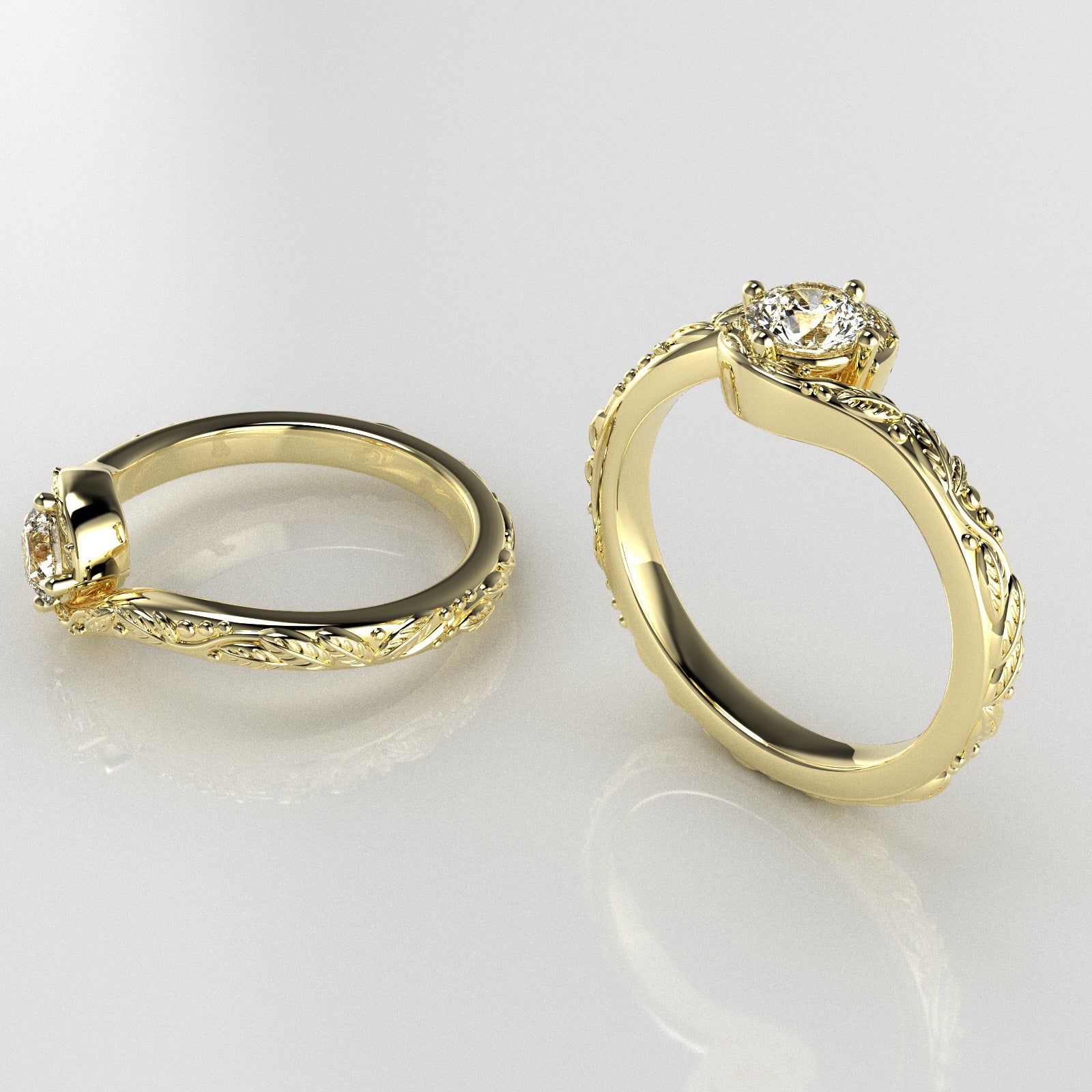 Solitaire Leaf Ring with Curved Band - Elloise Jewelry